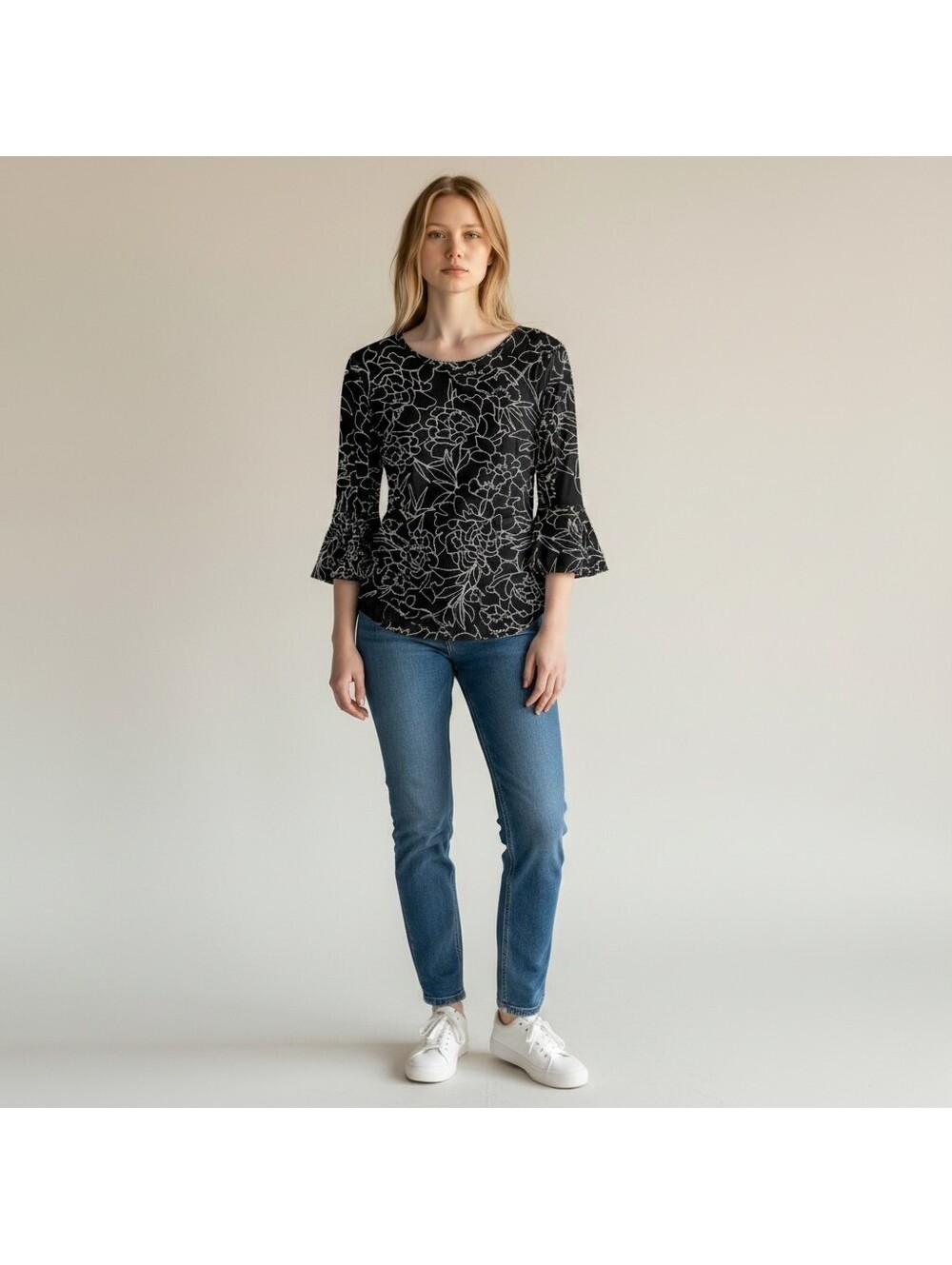 Apt. 9 Blouse Women M Medium Black Floral 3/4 Sleeve Rayon Stretch Casual